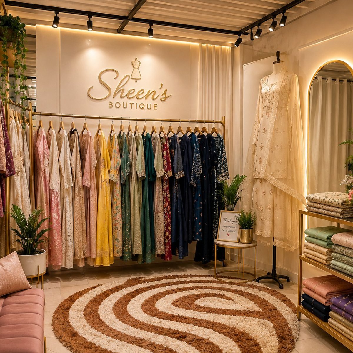 Inside Sheen's Boutique - racks of custom-stitched outfits